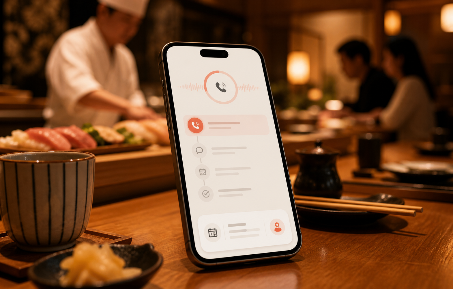 Phone call timeline on a Japanese restaurant counter