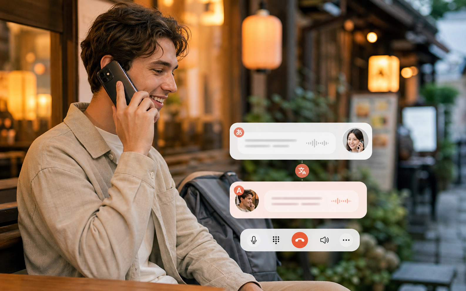 Traveler using live call translation outside a Japanese business